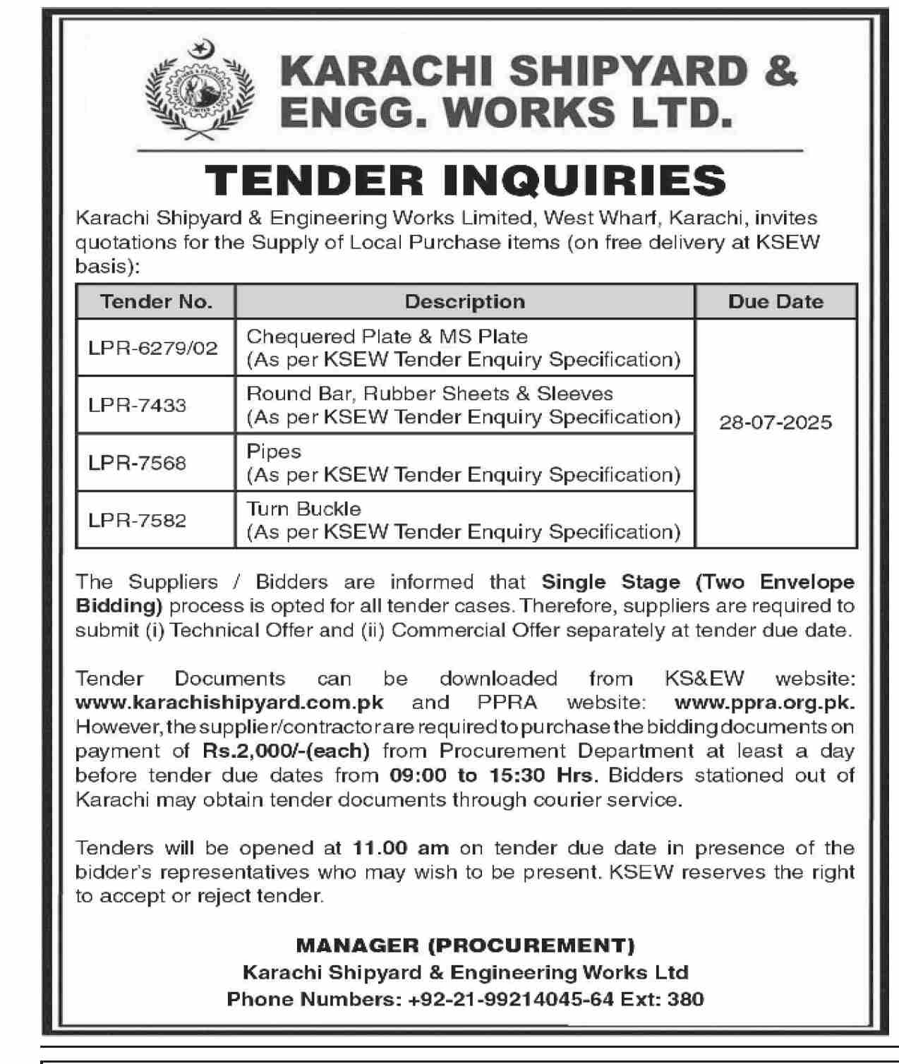 Karachi Shipyard & Engineering Works Limited Karachi Tender Notice